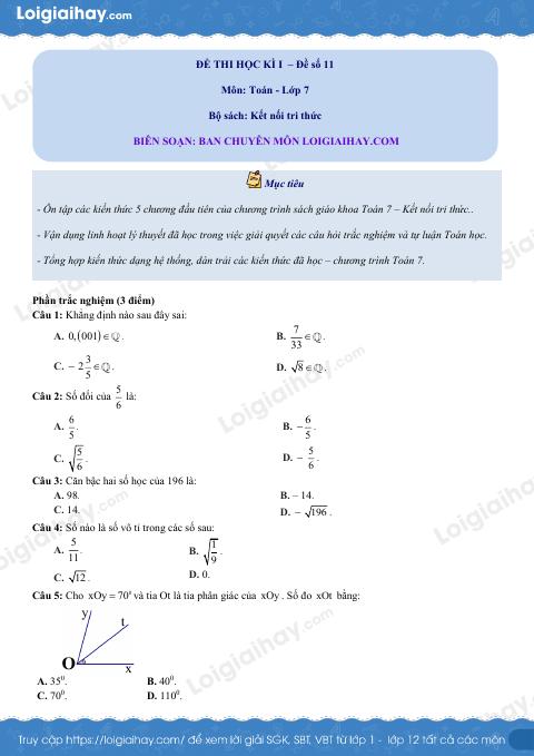 Đề thi học kì 1 Toán 7 - Đề số 11 - Kết nối tri thức
